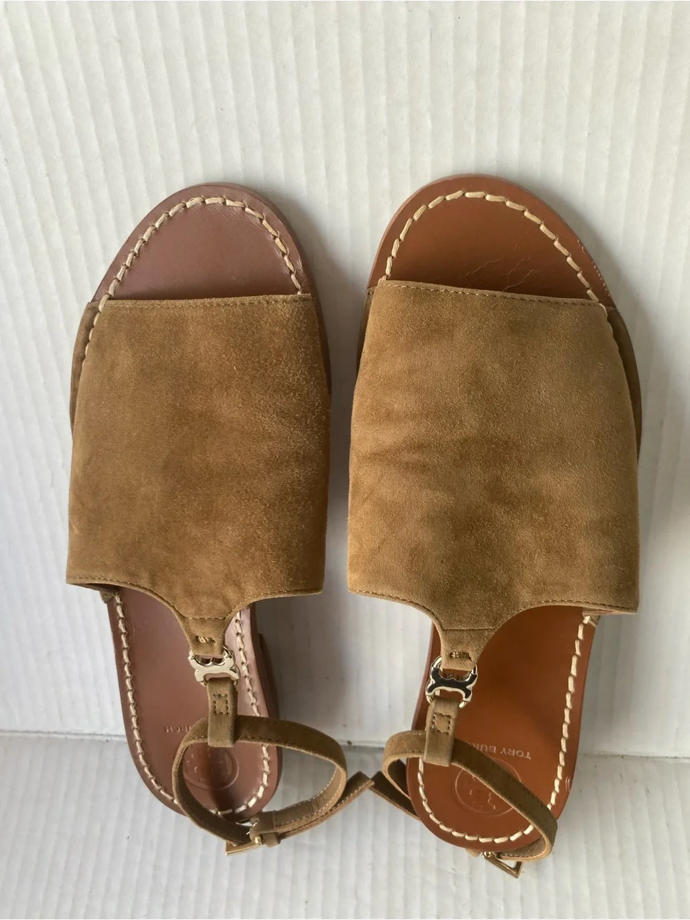 Tory Burch Tan Suede T‑Strap Open‑Toe Slingback Sandals with Gold Logo Accent